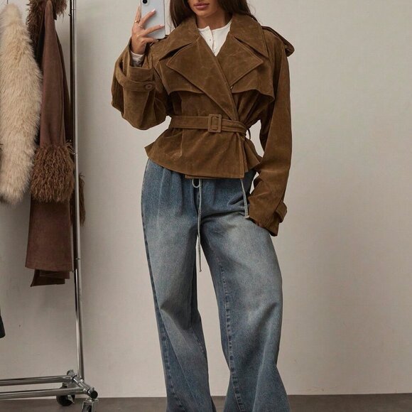 Brown Women's Casual faux Suede Long-Sleeve Belted mini Trench Coat - Picture 8 of 8